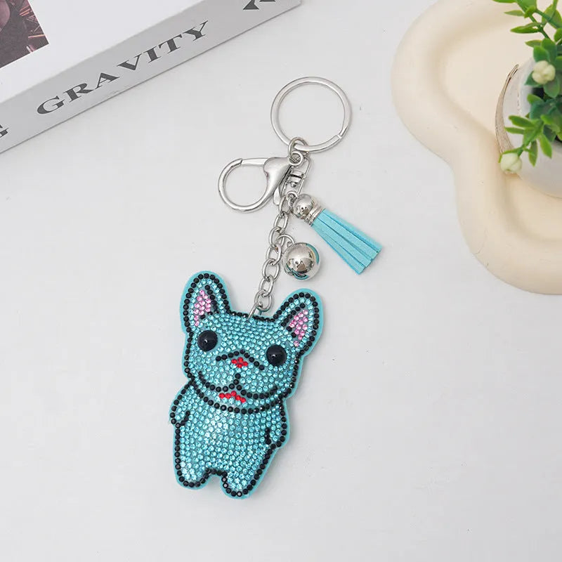 French dog rhinestone keychain with cartoon animal design, electroplated alloy construction, 5-7cm size