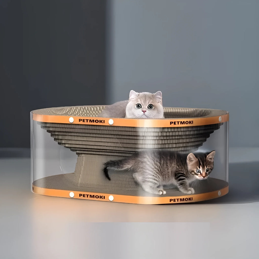 White transparent cat scratch board and nest tunnel measuring 58cm by 45cm by 23cm