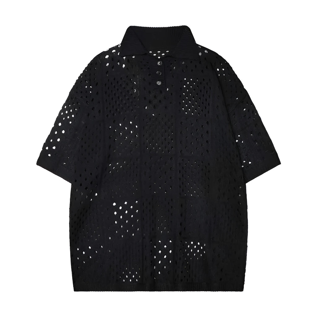 Solid colour short-sleeved polo shirt with hollow knit fabric and loose cardigan style