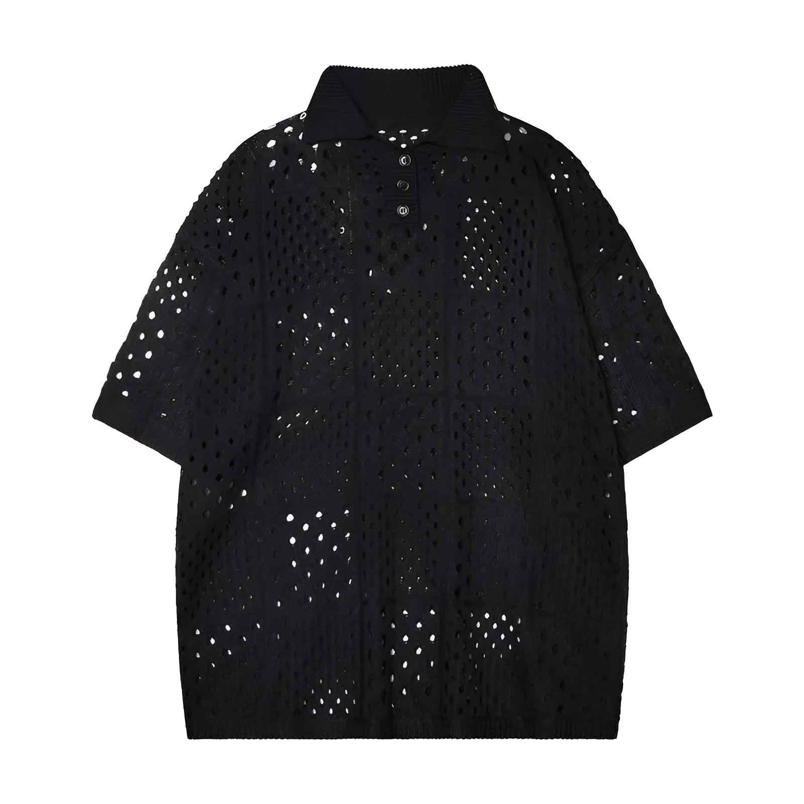 Solid colour short-sleeved polo shirt with hollow knit fabric and loose cardigan style
