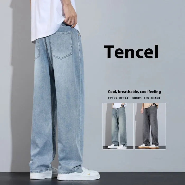 Straight leg casual trousers in denim ice silk fabric with wide leg cut