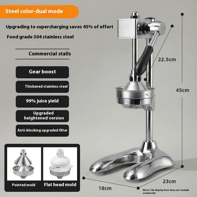 Stainless steel manual vertical citrus juicer on a countertop, showing optional colour finishes and head styles.