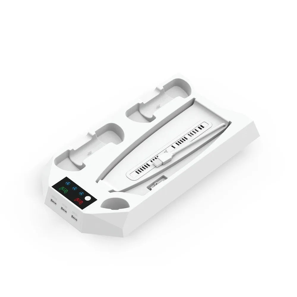 Black and white PS5 charging station with controller dock and headset hook