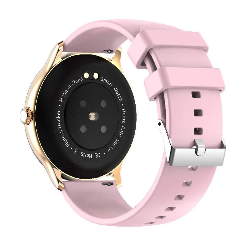 Blood pressure monitoring smartwatch with circular touchscreen display and silicone wristband