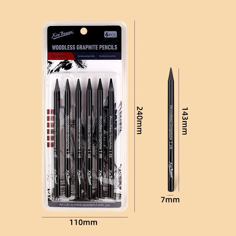 Set of six wood-free graphite sketching pencils in HB, 2B, 4B, 6B, 8B and EE grades