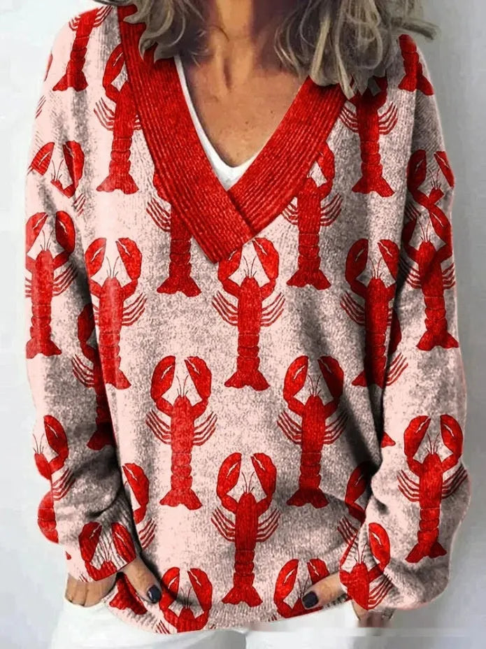 White women's V-neck long sleeve sweatshirt with a detailed 3D floral pattern print.