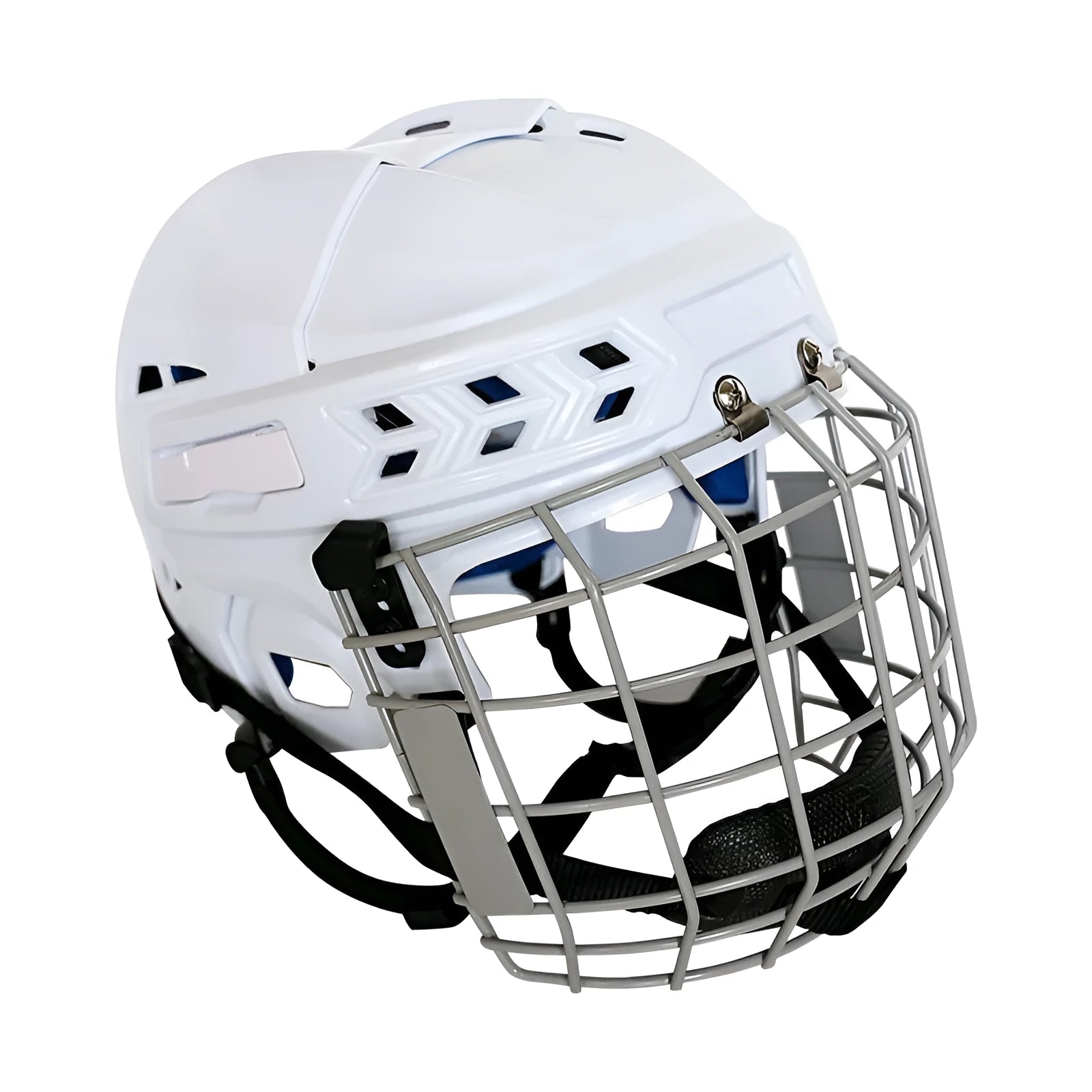 Ice hockey helmet with carbon steel face mask, showing impact-resistant PP shell and cushioned EVA lining interior.
