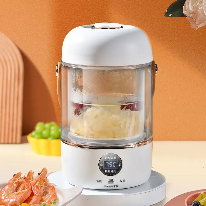 Smart electric stew cooker with transparent glass inner pot and fibre glass body, showing power cord and compact size