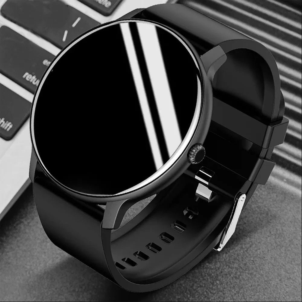 Blood pressure monitoring smartwatch with circular touchscreen display and silicone wristband