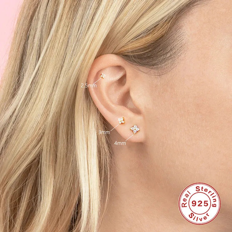 S925 sterling silver crystal flower stud earrings in gold or platinum plating with geometric floral design