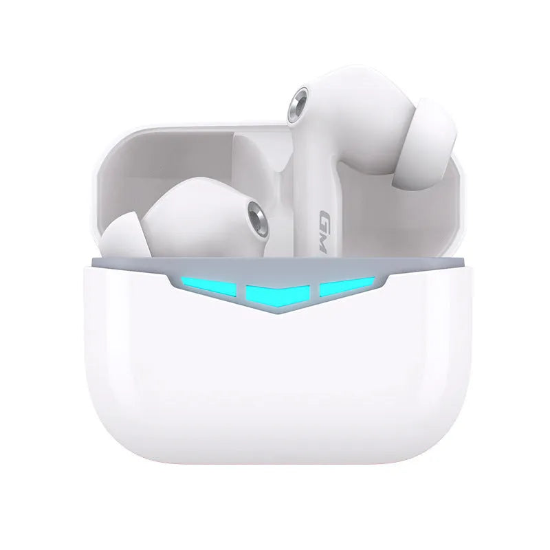 True wireless Bluetooth gaming in-ear headphones with charging case in black, pink, white, or grey.