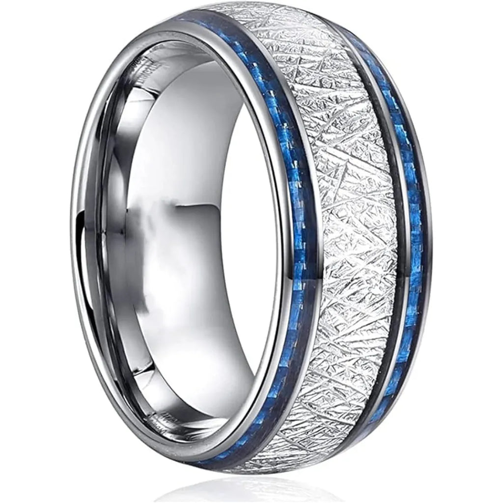 Blue carbon fiber inlaid stainless steel wedding ring, blue and silver finish, double-groove style, unisex sizes No 6 to No 13