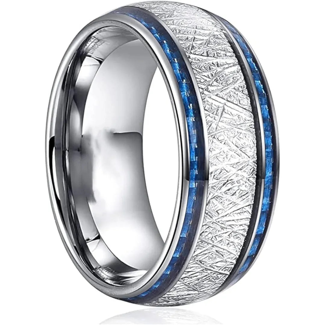 Blue carbon fiber inlaid stainless steel wedding ring, blue and silver finish, double-groove style, unisex sizes No 6 to No 13