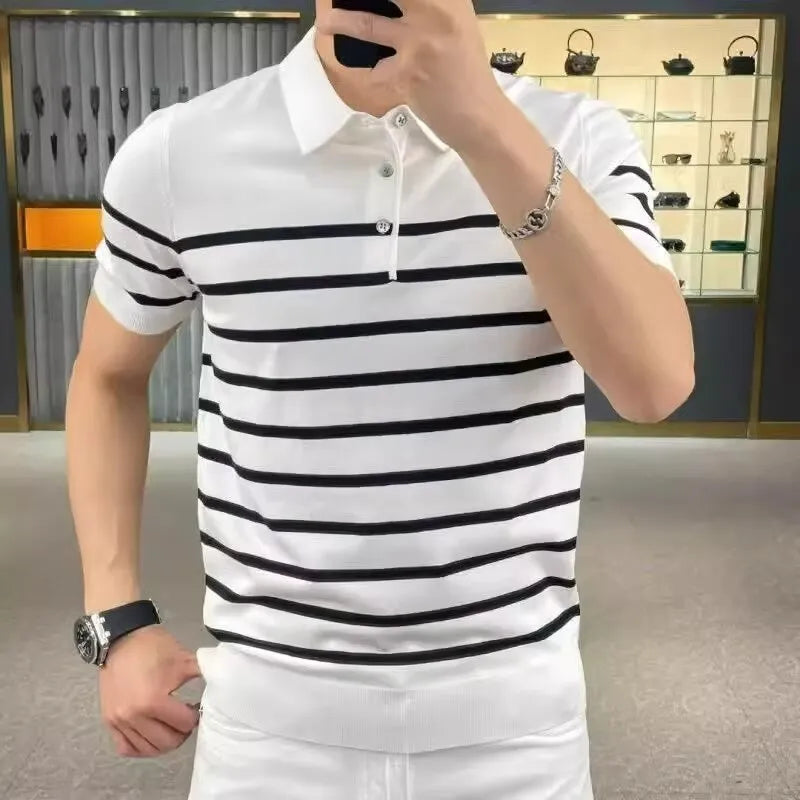 Man wearing a black and white striped knitted t-shirt with a lapel collar