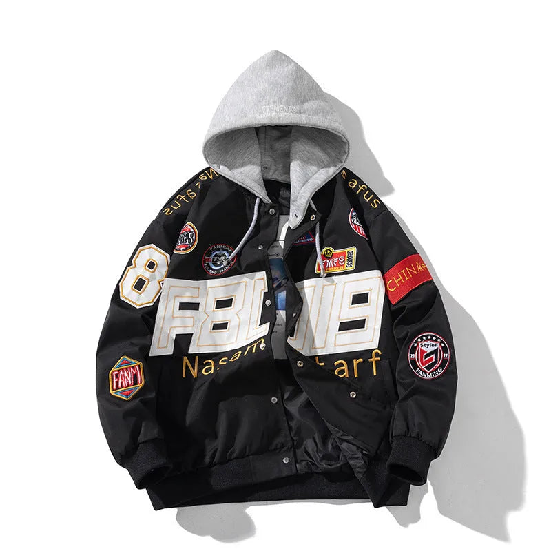 American motorcycle baseball uniform jacket with detachable hood in black, red or blue colours