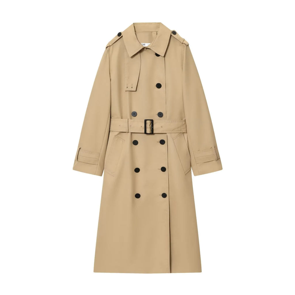 Women's long double breasted trench coat in khaki with drawstring waist and long sleeves