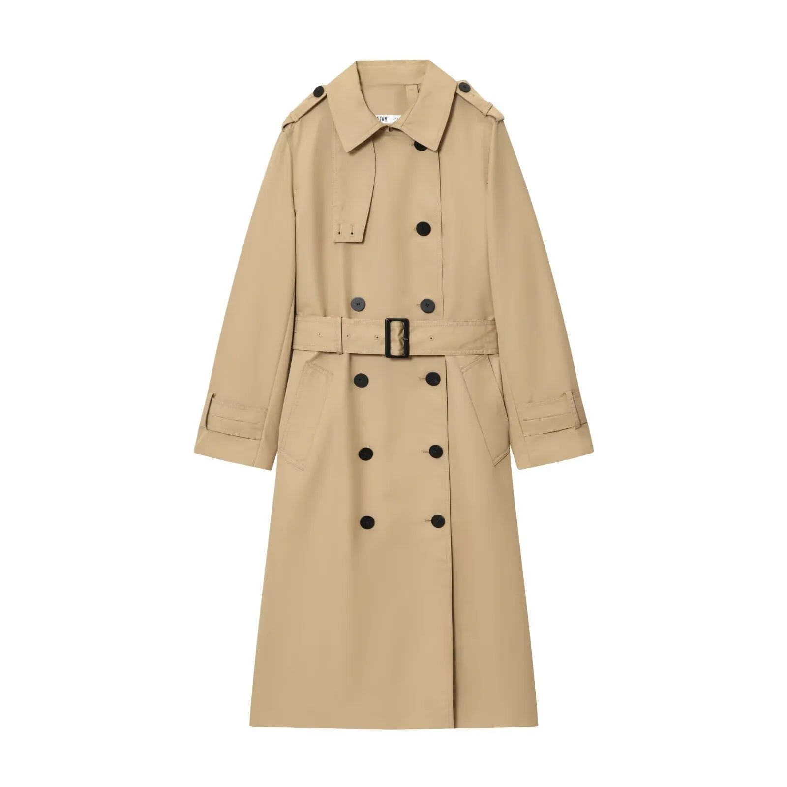 Women's long double breasted trench coat in khaki with drawstring waist and long sleeves