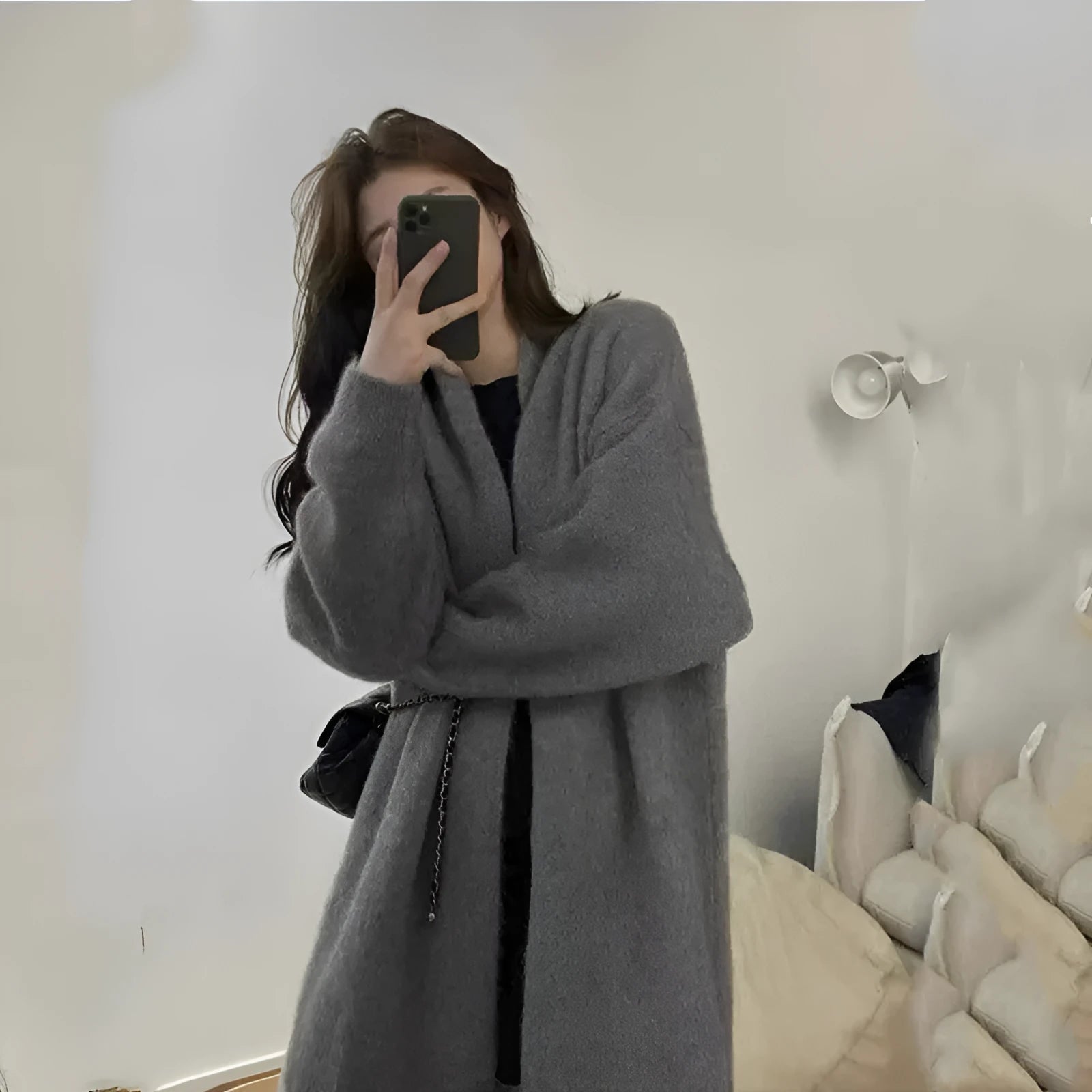 Women's loose large knitted chenille cardigan sweater with 3D pattern in dark grey colour