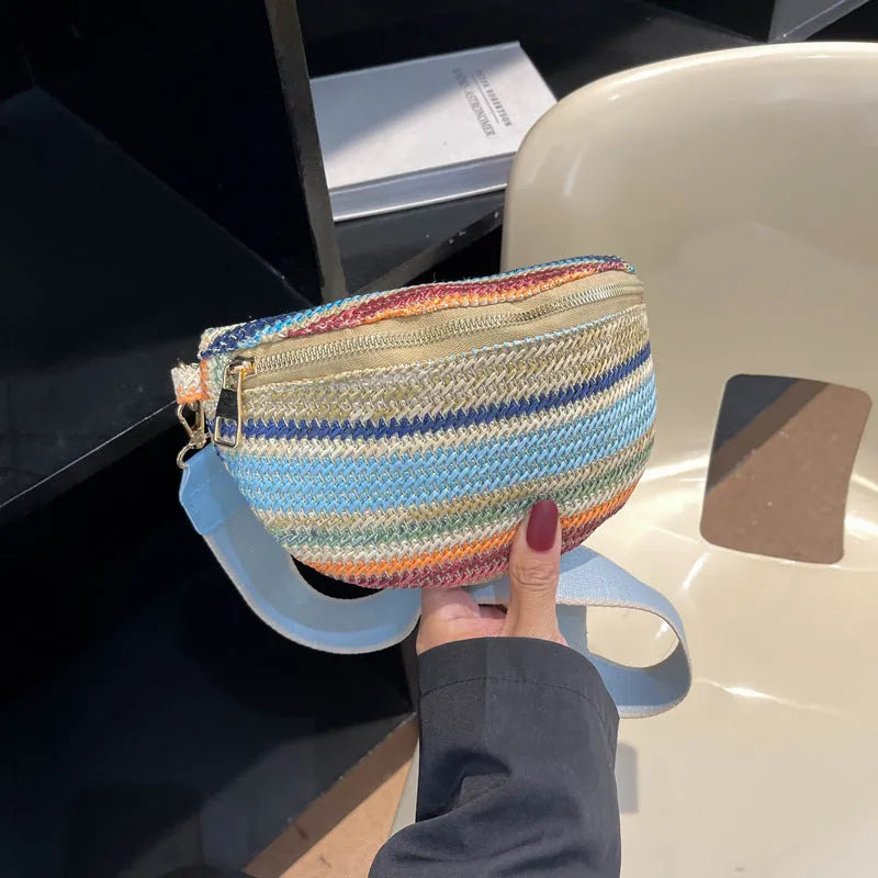 Blue straw woven beach shoulder bag with shell shape and single strap