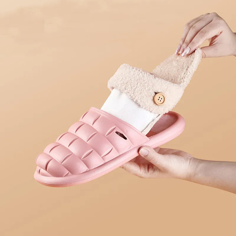 Women's pink detachable sole plush house slipper with round toe and flat heel