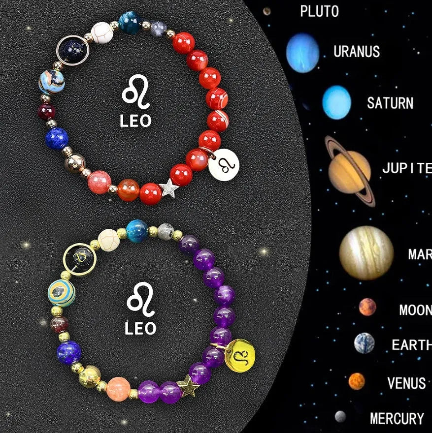 Natural stone zodiac sign bracelet set showing two adjustable bracelets with twelve zodiac designs
