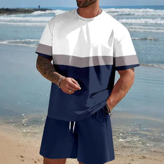 Men's loose-fit short-sleeved T-shirt and matching shorts in polyester summer leisure suit