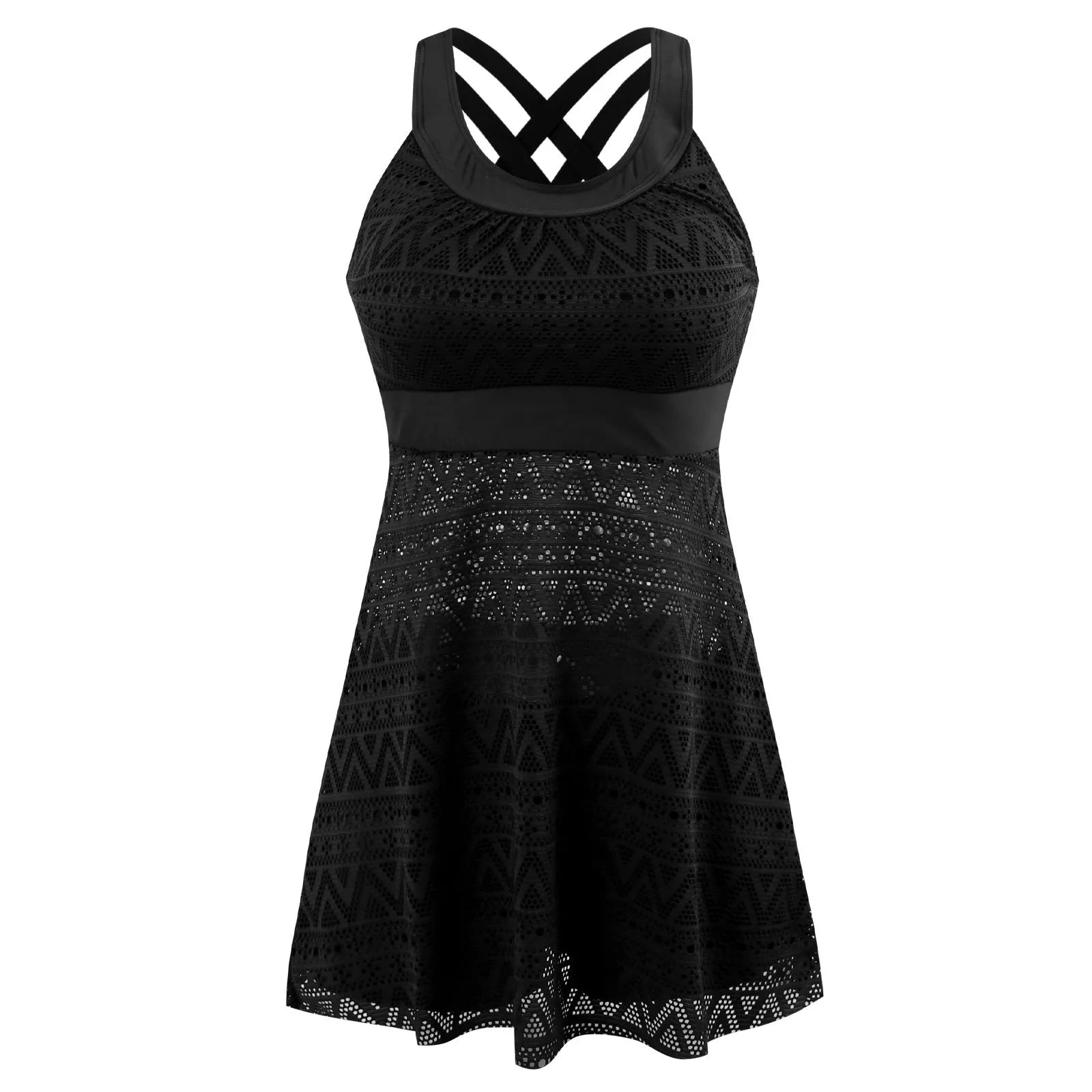 Conservative split swimsuit for ladies in black or dark blue with slimming silhouette