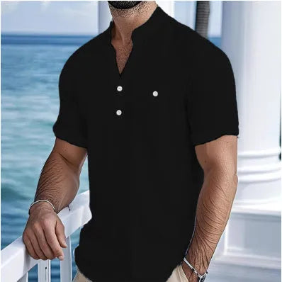 Men's light blue stand collar linen short sleeve T-shirt laid flat, showing loose fit and solid colour.