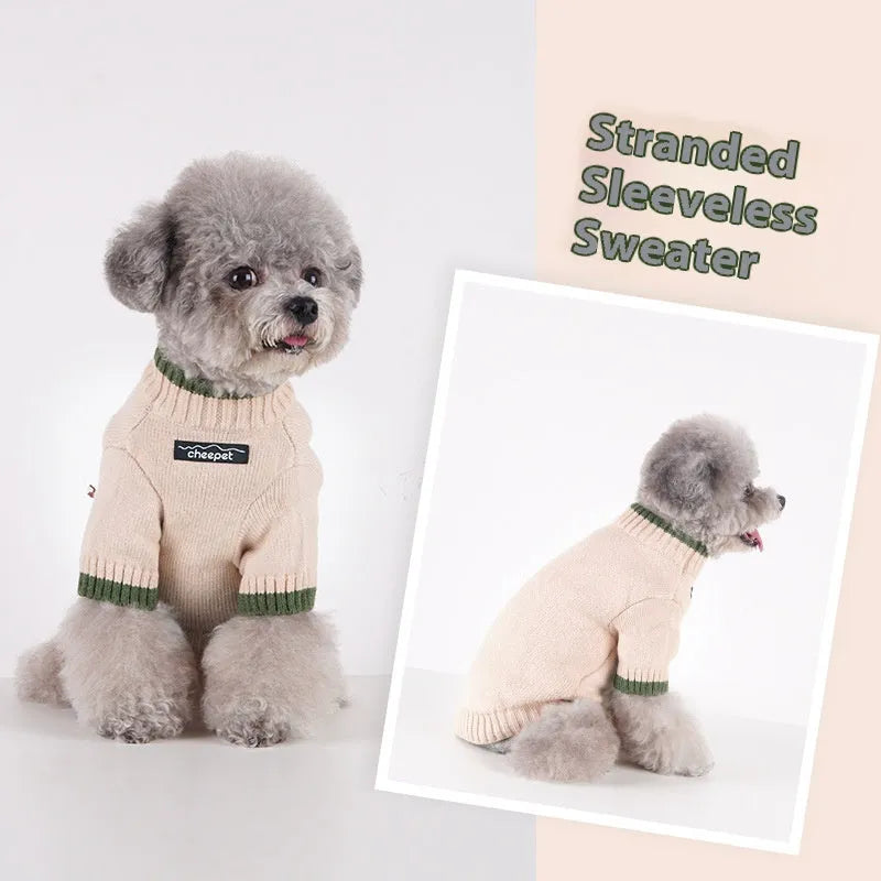 A Crown Blue two-leg pet sweater for a dog, made from wool blend fabric.