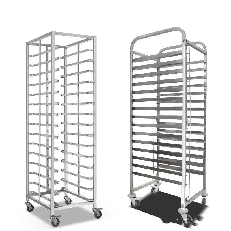 Stainless steel six-layer baking tray rack for 40x60cm sheets in a commercial kitchen.