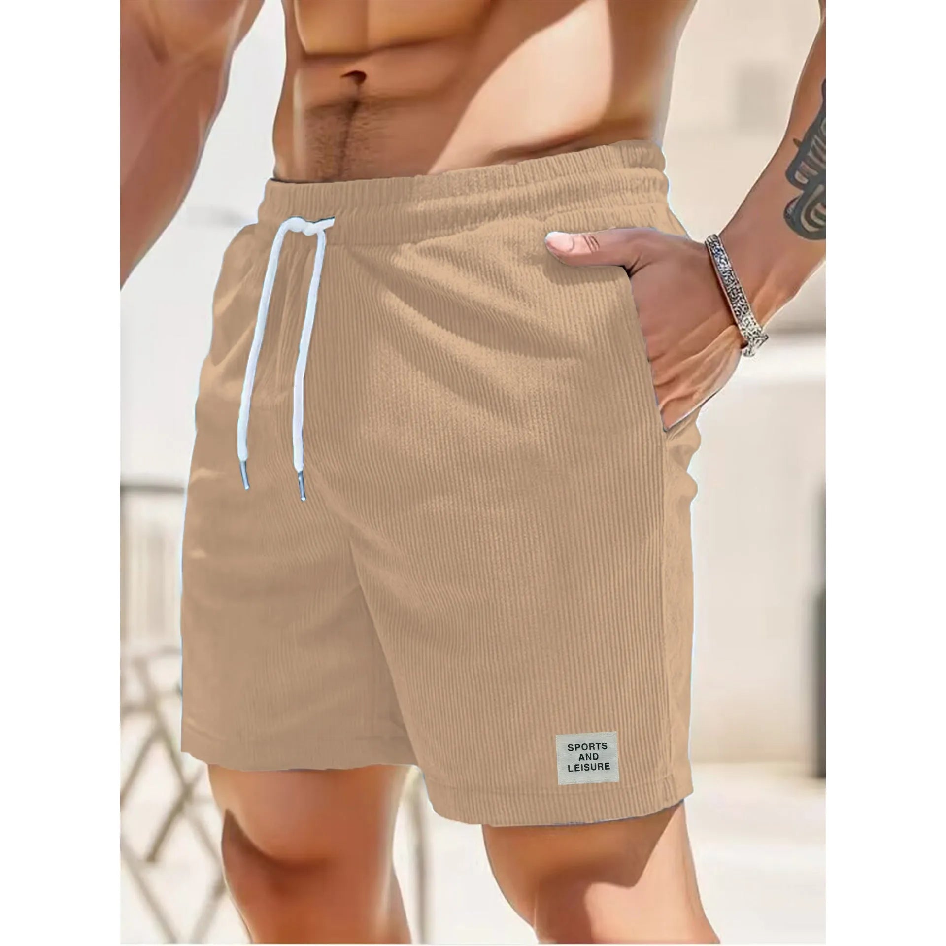 Summer pure colour tie-waist corduroy sports running pants for men and women in breathable polyester fibre