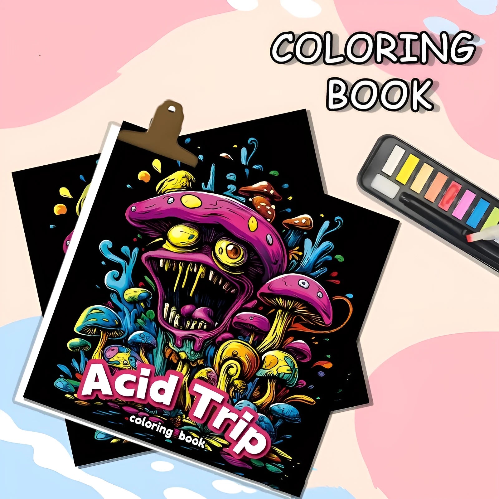 Acid tour coloured creative painting book with 200mm length, shown closed.