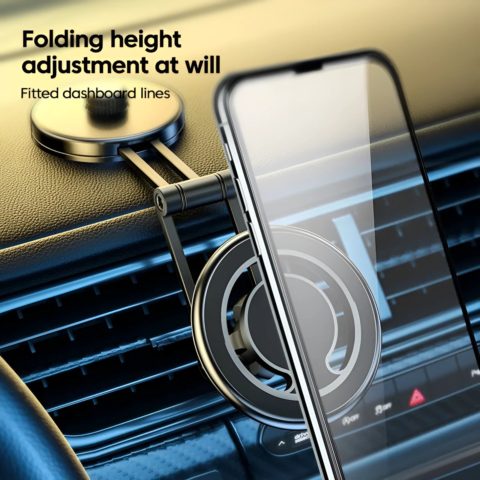 Telescopic folding car phone holder with magnetic suction mounting for dashboard installation