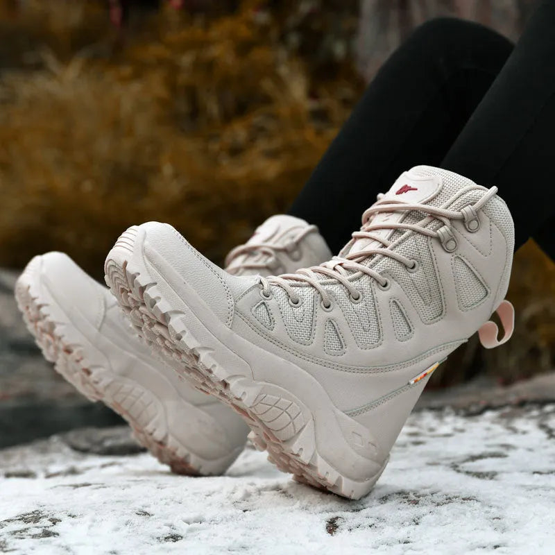 Men's cowhide hi-top hiking shoes in beige, a platform sneaker for outdoor climbing and camping.