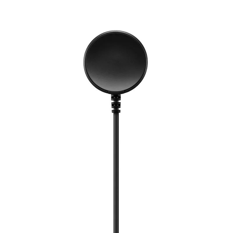 Black plastic USB watch charger measuring 34mm by 10mm with integrated charging cable