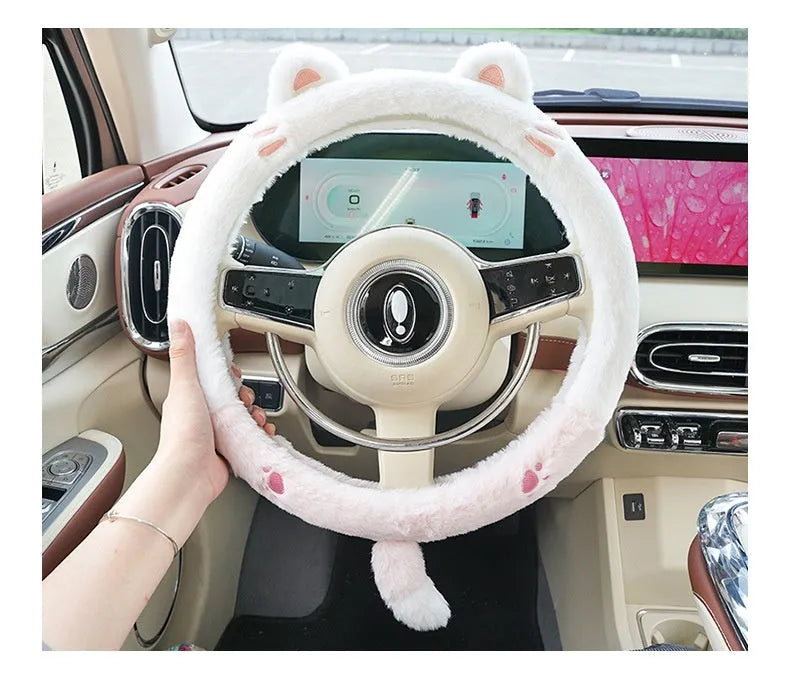 Plush rabbit fur steering wheel cover with embroidered cartoon animal pattern showing 38cm diameter