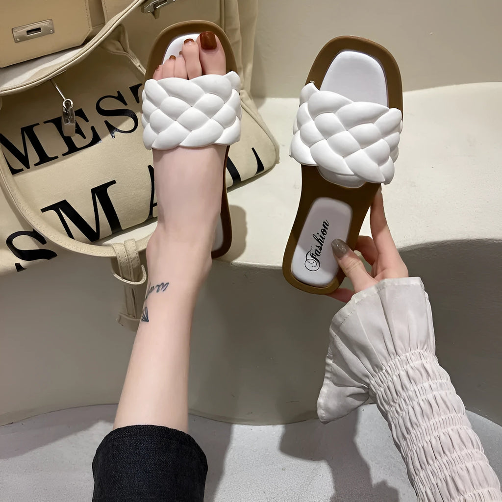 Women's plaid pattern casual sandals with thick PVC anti-skid sole in black, green, orange, and white colours.