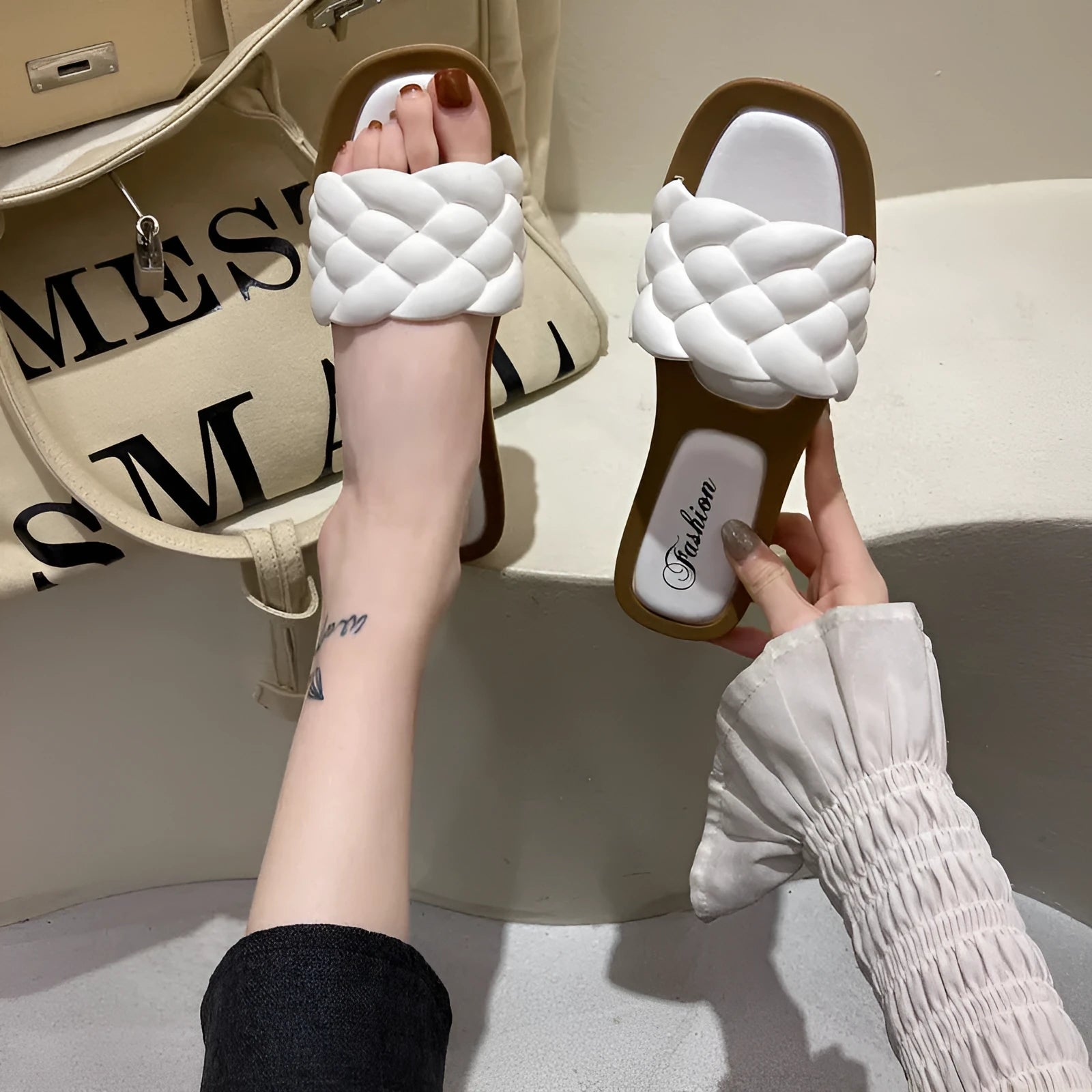 Women's plaid pattern casual sandals with thick PVC anti-skid sole in black, green, orange, and white colours.