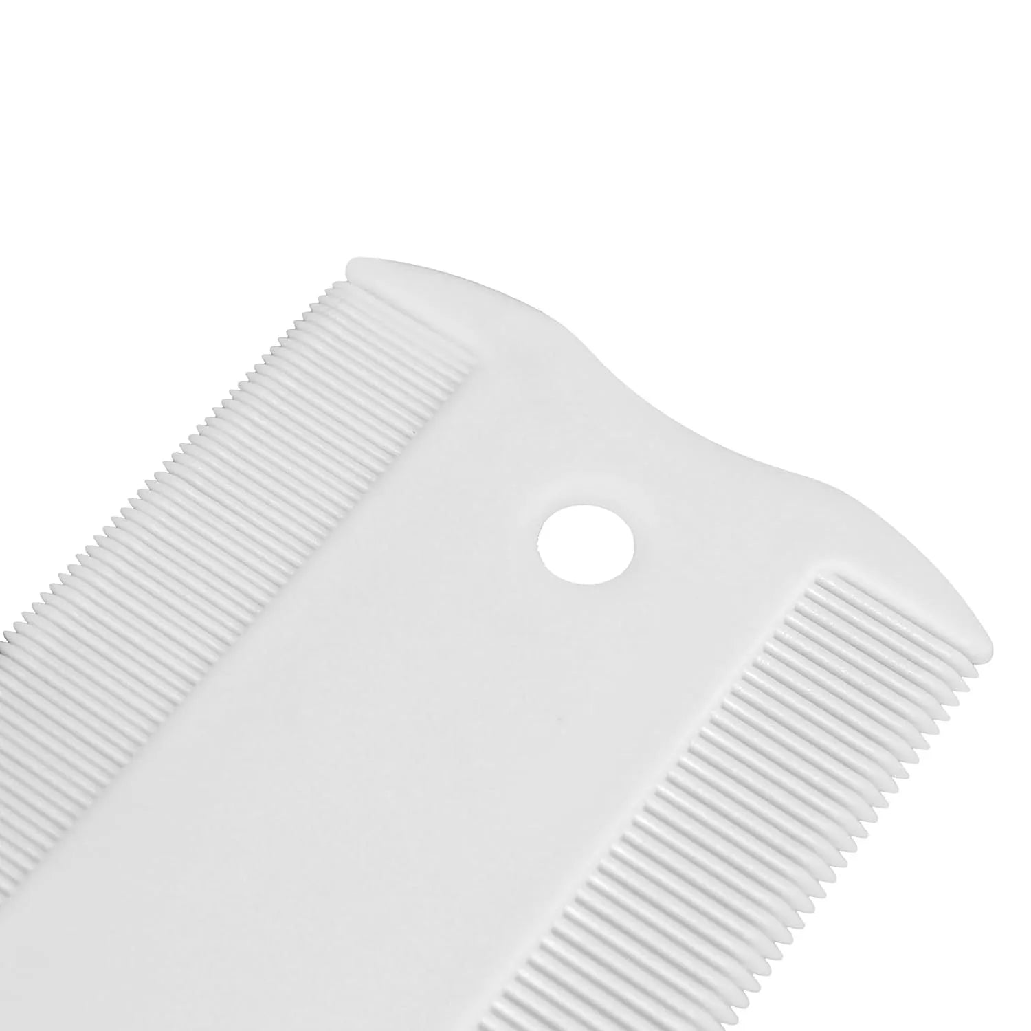 Double sided plastic flea comb for pets with dense teeth and compact grate mouth design.