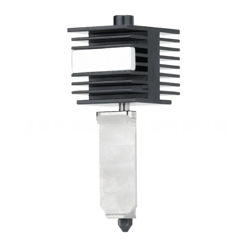 Bambu Lab A1 Mini 3D printer hot end assembly with black silicone sleeve and hardened steel nozzle.