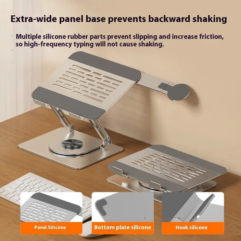 Silver carbon steel laptop stand with a rotating magnetic mobile phone holder attached to the side.