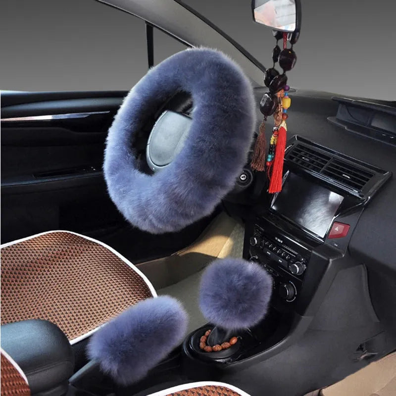 Wool steering wheel cover and handle covers three-piece set in multiple colour options for 38cm diameter wheels