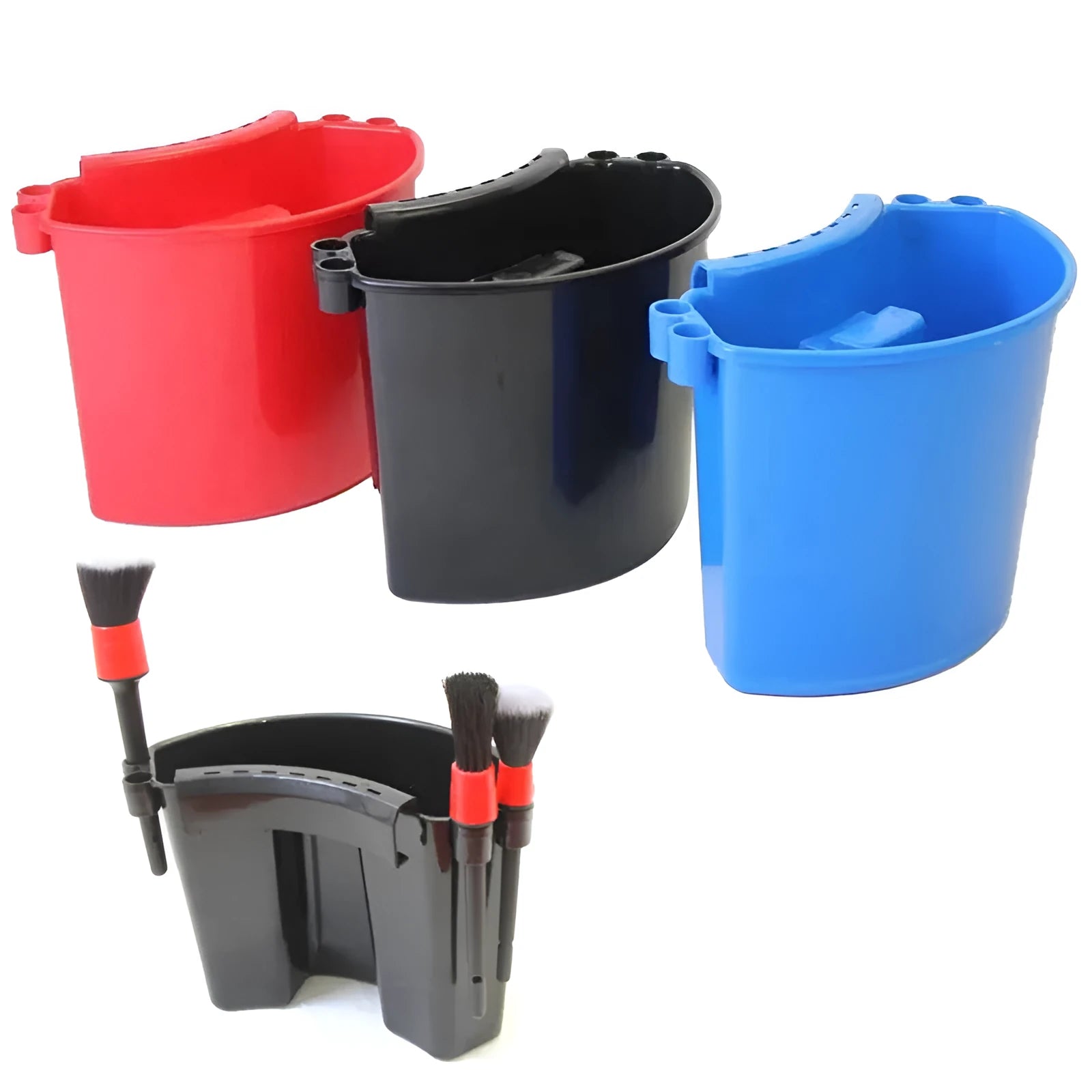 PP plastic car washing bucket shown in available colours: black, red, blue, and pink.