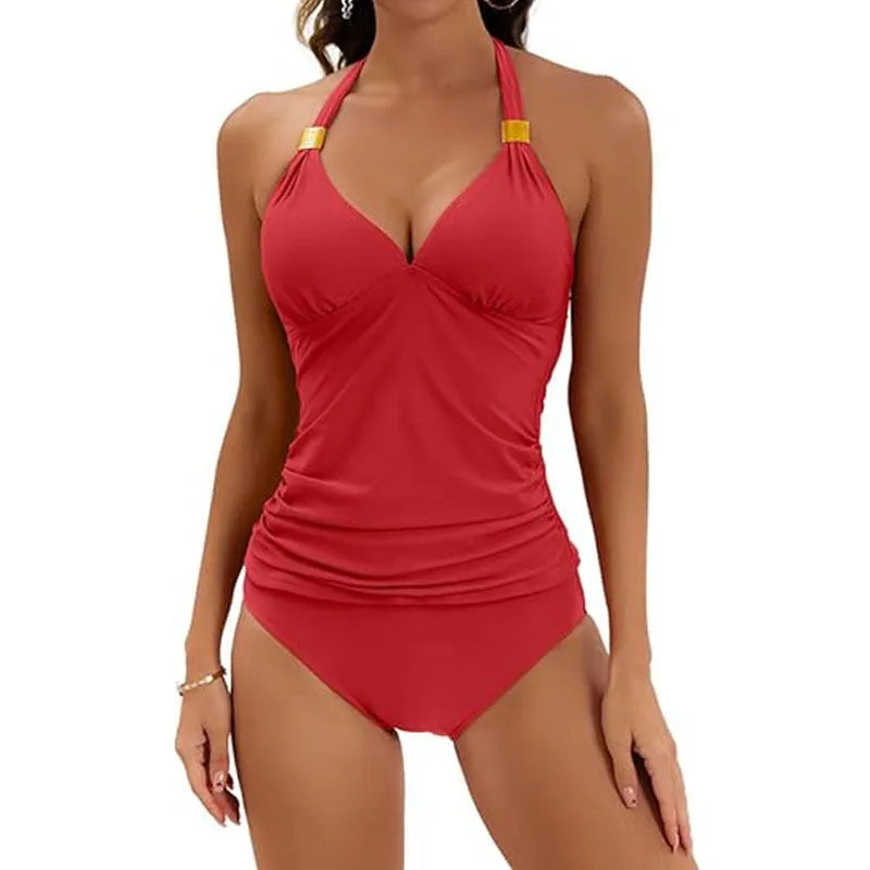 Women's red halter neck tie front two-piece swimsuit with matching briefs on a mannequin.