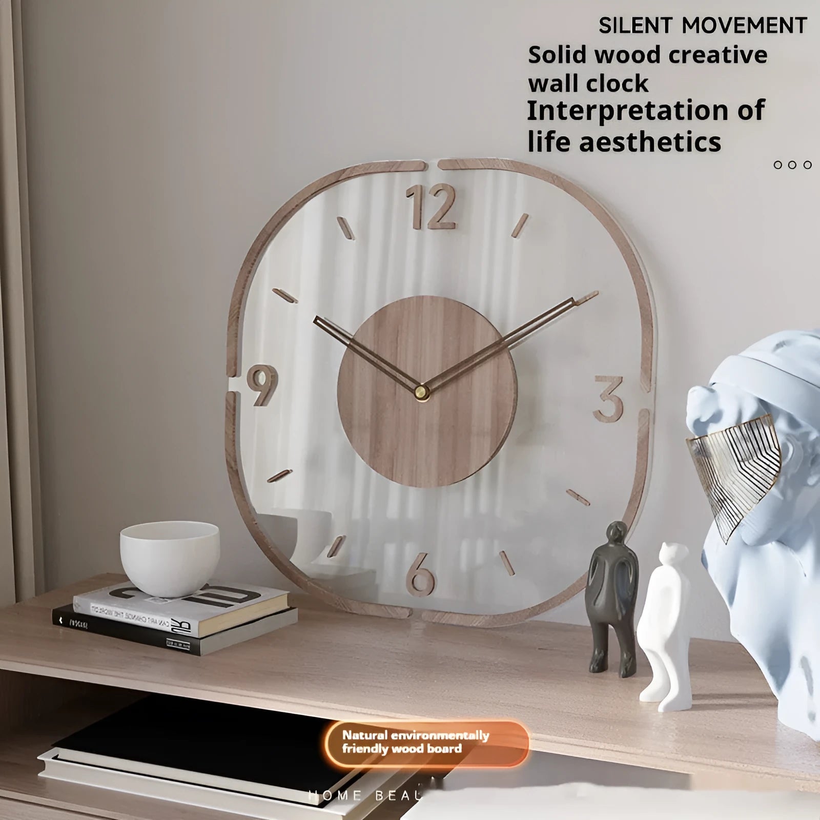 35cm square transparent wooden frame wall clock with modern design