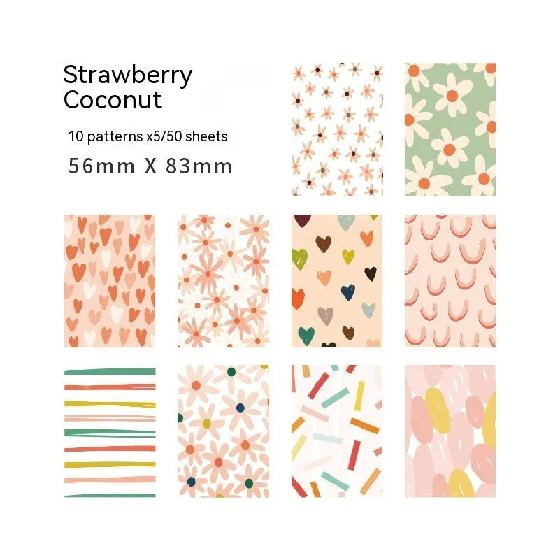 Pack of 50 retro sweet dessert themed note papers in ten pastel colours, each 56mm by 83mm.