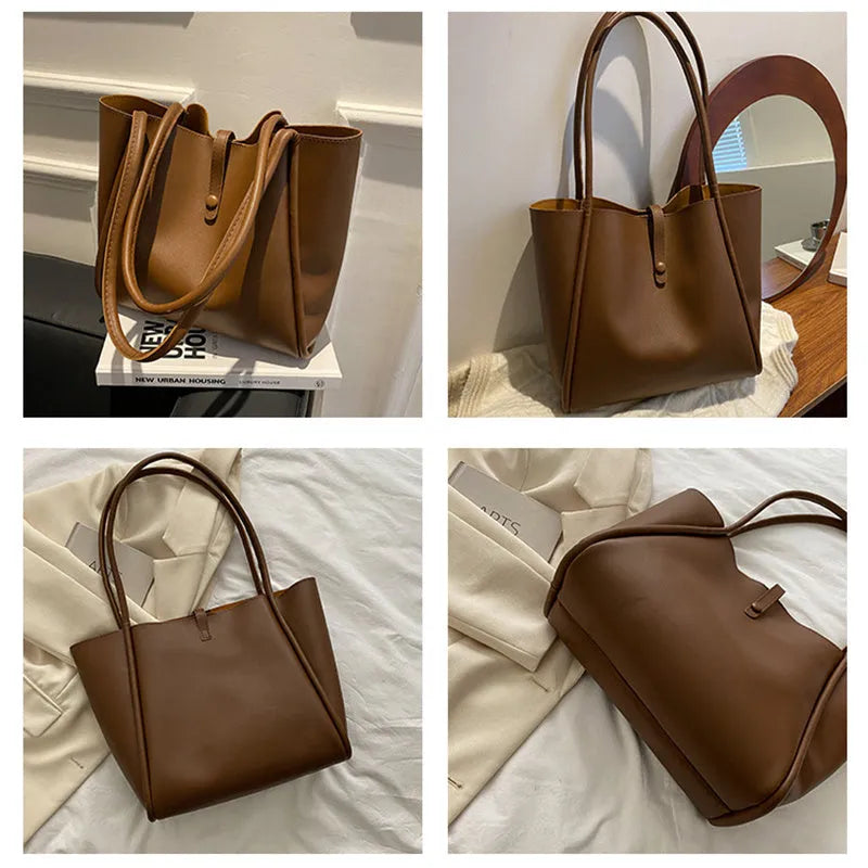Casual large capacity solid colour tote bag for women with matching wallet in PU material