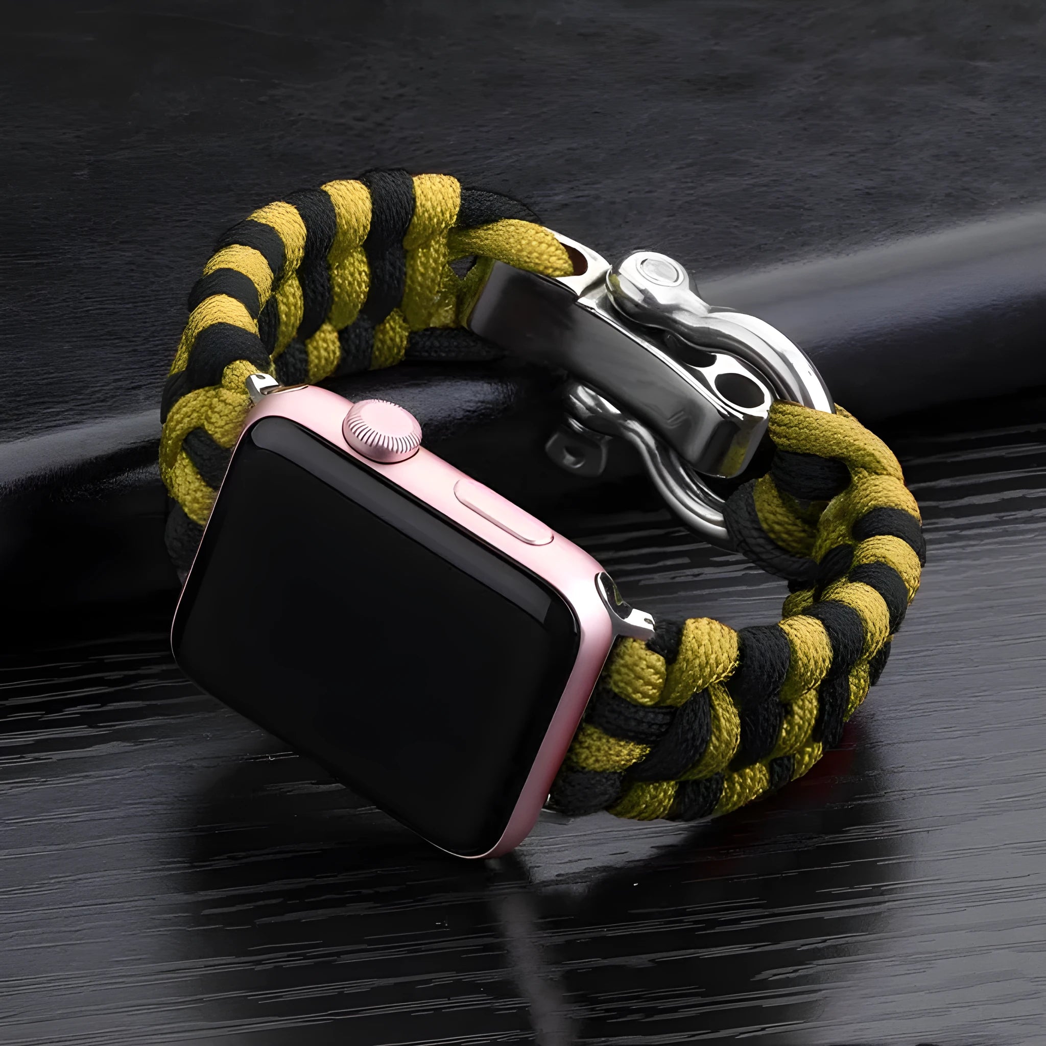 Nylon woven steel buckle strap for Apple Watch, black with connector, fits 38/40mm