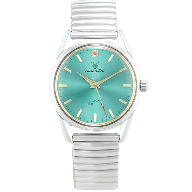 Shanghai Diamond Brand men's watch with green dial, 38mm alloy case, and black leather strap