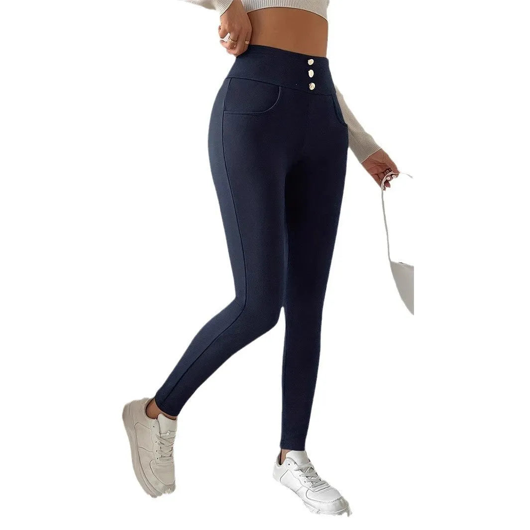 Navy blue women's high waist slim trousers with straight leg cut and micro stretch fabric